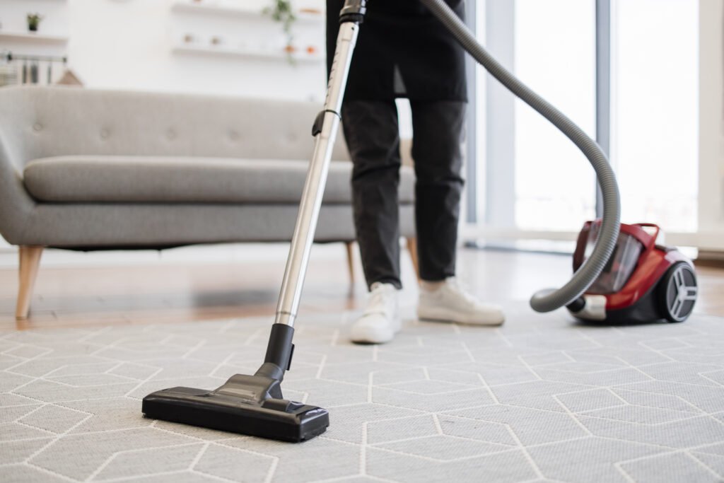 Cropped view of hands holding vacuum cleaner of female cleaning service worker.